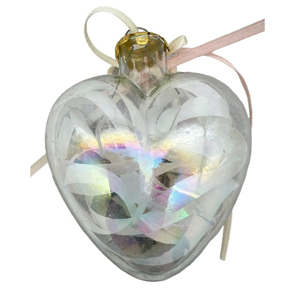 Decorative Ornaments Peach Glam Ribbon Lacy Frosted Ball Heart Roses Clear Glass - Picture 5 of 13